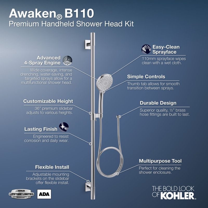 Awaken B110 1.75 GPM Premium Slidebar Kit, Polished Chrome