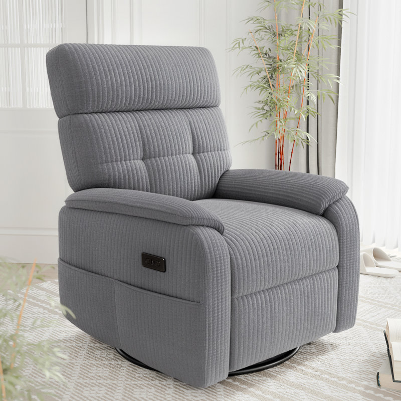 Upholstered Power Recliner Chair With Swivel and Glider, Gray