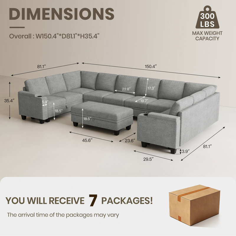 Canapé modulaire en U avec repose-pieds en chenille Chenille, Chenille gris pâle