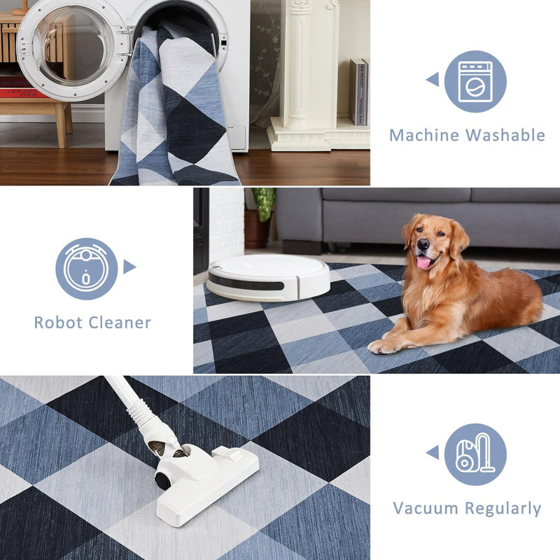 Tapis écossais lavable à la machine pour couloir, cuisine, chambre à coucher, salon, bleu marine et blanc, motif géométrique abstrait