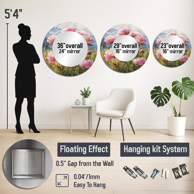 Pivoines dans la brise alpine I - miroir traditionnel pour décoration murale - imprimé sur métal, 23 po x 23 po