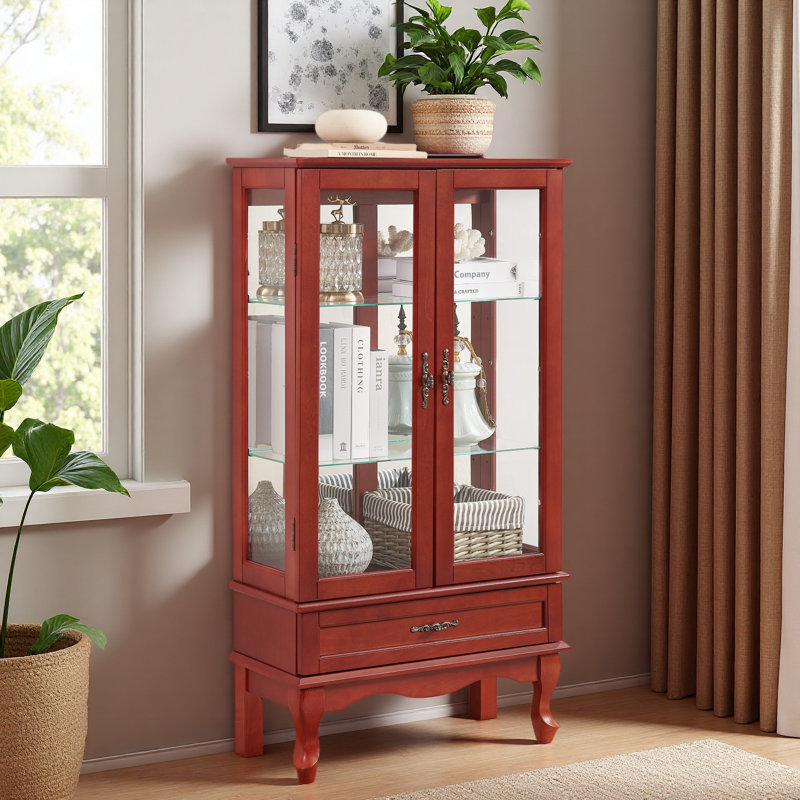 Lighted Glass Display Cabinet Glass Wine Cabinet Curio Display Cabinet With Adjustable Glass Shelves Two Doors And One Drawer Bulb Included For Home Decor And Storage