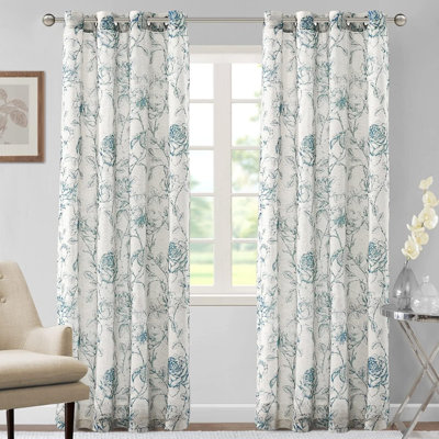 Boho Floral Linen Curtains, Semi-Sheer Light-Filtering Drapes, 84-Inch 2-Panel Set With Grommets, Farmhouse Vintage Print For Bedroom, Stone Blue