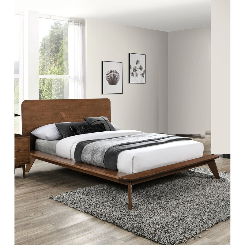 Lit double en bois de noyer massif de style Mid-Century contemporain, tête de lit à panneau, pieds fuselés, cadre de lit en bois moderne avec matelas, plateforme avec tête de lit