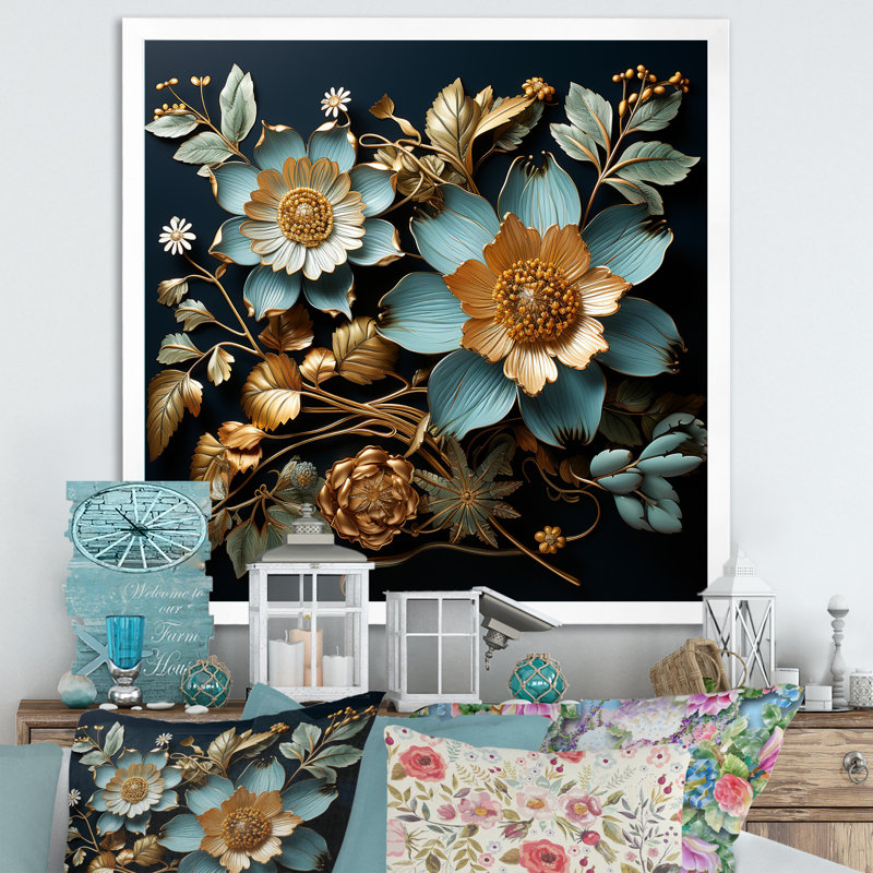 Feuillage doré doré sur toile, Cadre simple blanc, H 24 po x l 24 po x P 1 po