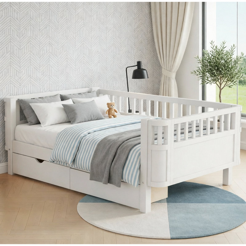 Lit plateforme en bois polyvalent avec rangement, Lit simple, Blanc