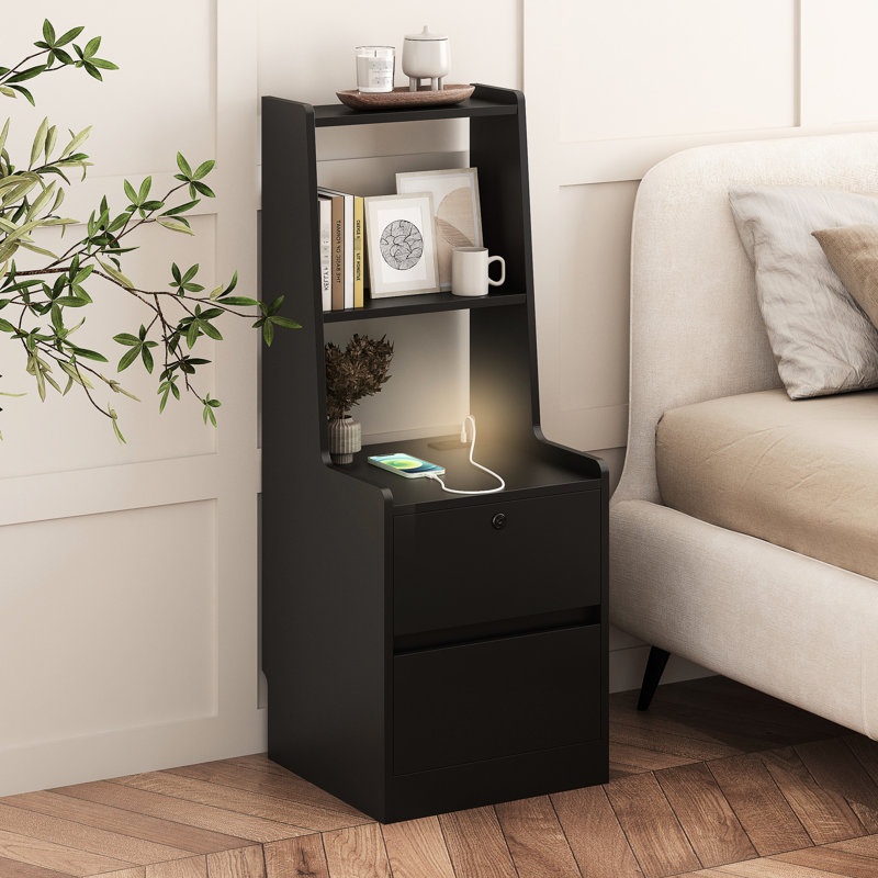 Table de chevet de chambre à coucher avec armoire verrouillable et station de charge, armoire de rangement à commande vocale Night In Black: