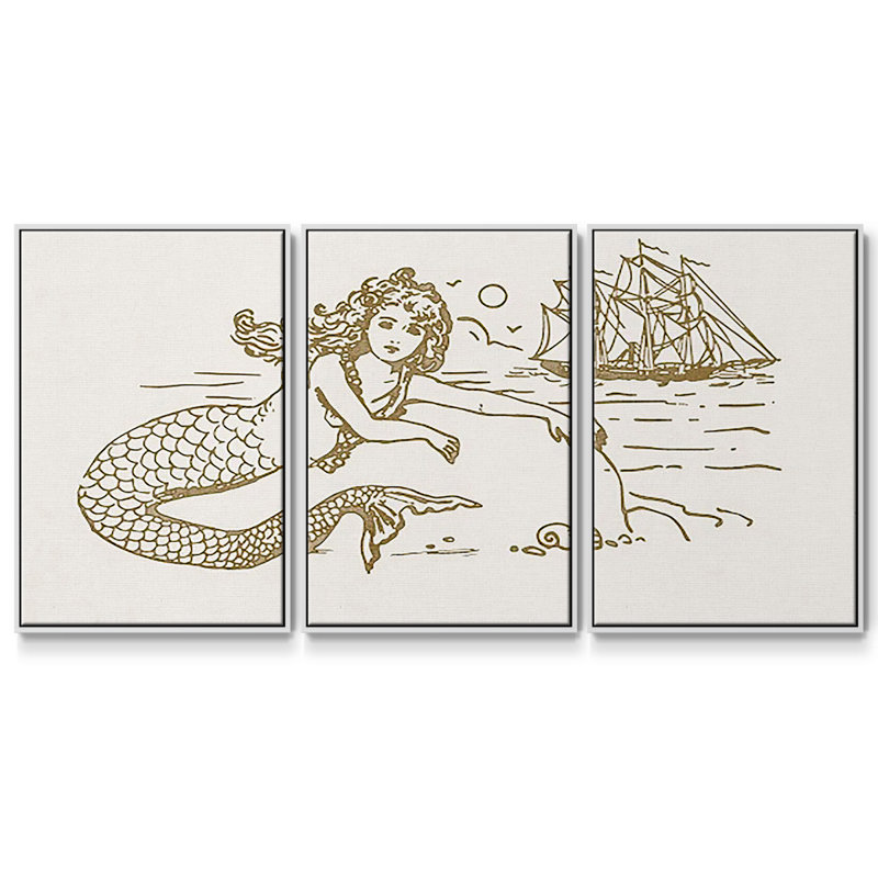 Sunning Mermaid I, reproduction encadrée sur toile 3 pièces, H 40 po x l 78 po x P 2 po, Blanc
