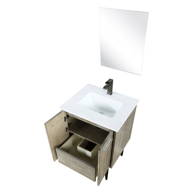 24 po Vaste meuble-lavabo rustique avec comptoir en quartz blanc, robinet en métal et miroir à 18 taches - rayure antitaches