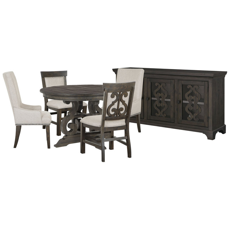 48" Round Dining Table With 2 Upholstered Side Chairs 2 Host Chairs And Server, Gray, 6 Pieces: Table, 4 Chairs, Server
