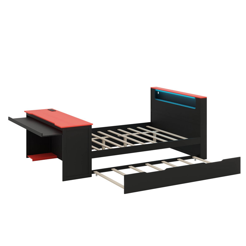 Le lit de jour simple en bois comprend un lit gigogne, un bureau, un éclairage à DEL et un port USB, Lit double, Black/Red