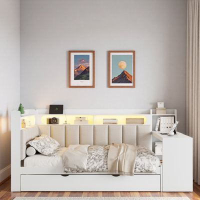 Upholstered Daybed With Storage Shelves, Trundle, Charging Station, Led Light And Desk
