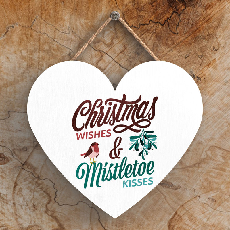 Wishes Kisses Wooden Heart Hanging Plaque, 10cm H x 9cm W x 0.5cm D
