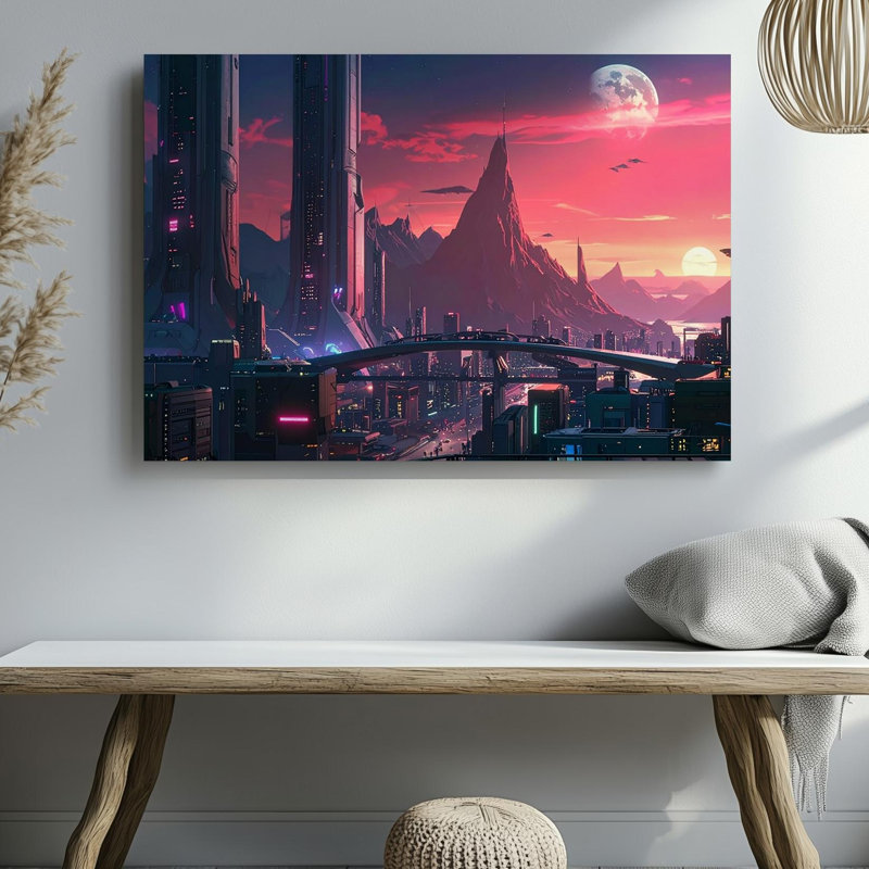 Neon Dusk Sci Fi, paysage urbain sur toile, horizon Cyberpunk, toile, art mural, prêt à accrocher, galerie, décoration intérieure, conception moderne