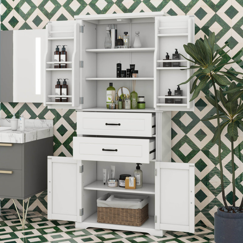 Grande armoire de rangement, armoire de rangement autoportante avec 2 portes, tablette réglable et 2 tiroirs, Blanc