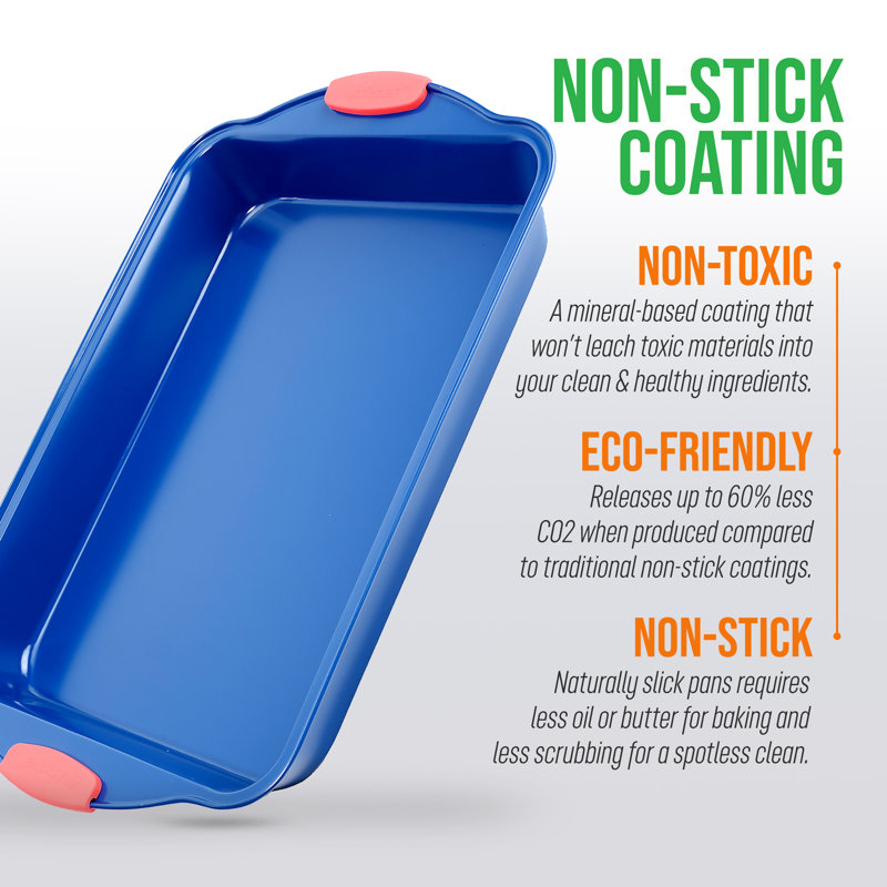 NutriChef 18" Blue Non-Stick Carbon Steel Loaf Pan with Red Silicone Handles