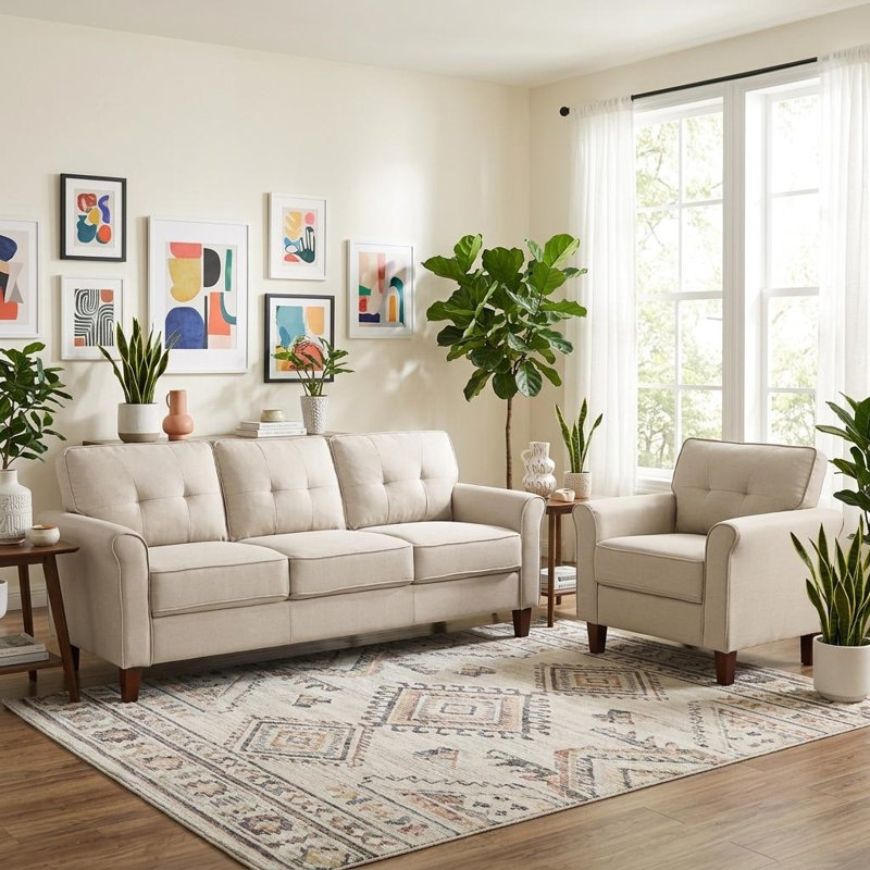 Ensemble de chaise à dossier capitonné et canapé, Beige