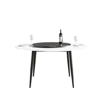 Artificial Stone Top Dining Table With Black Metal Base - 6 Person Capacity 31.5" Turntable Corrosion 60.51" Round Surface Seats Excellent Craftsmanship