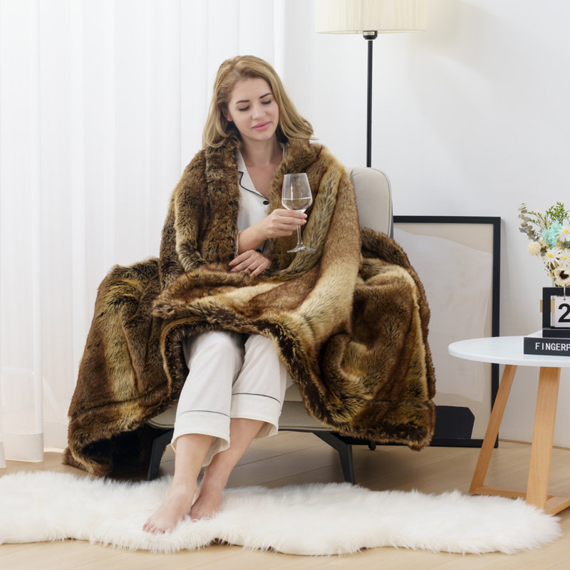 Couverture luxueuse en fausse fourrure, Lit simple, Brun