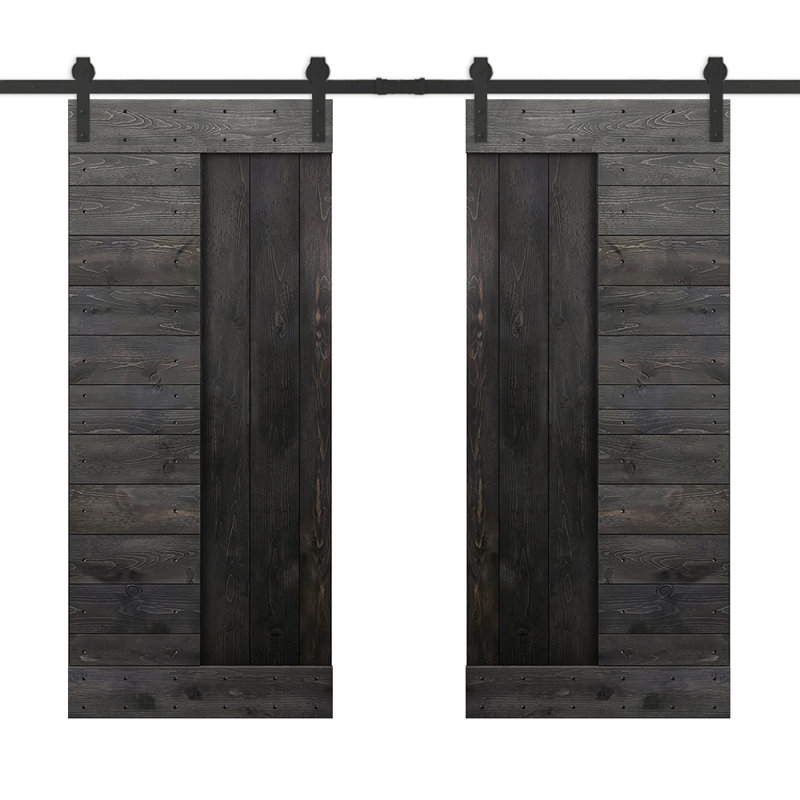 Porte de grange à panneaux et en bois avec quincaillerie d'installation, 72 po x 84 po, Noir anthracite