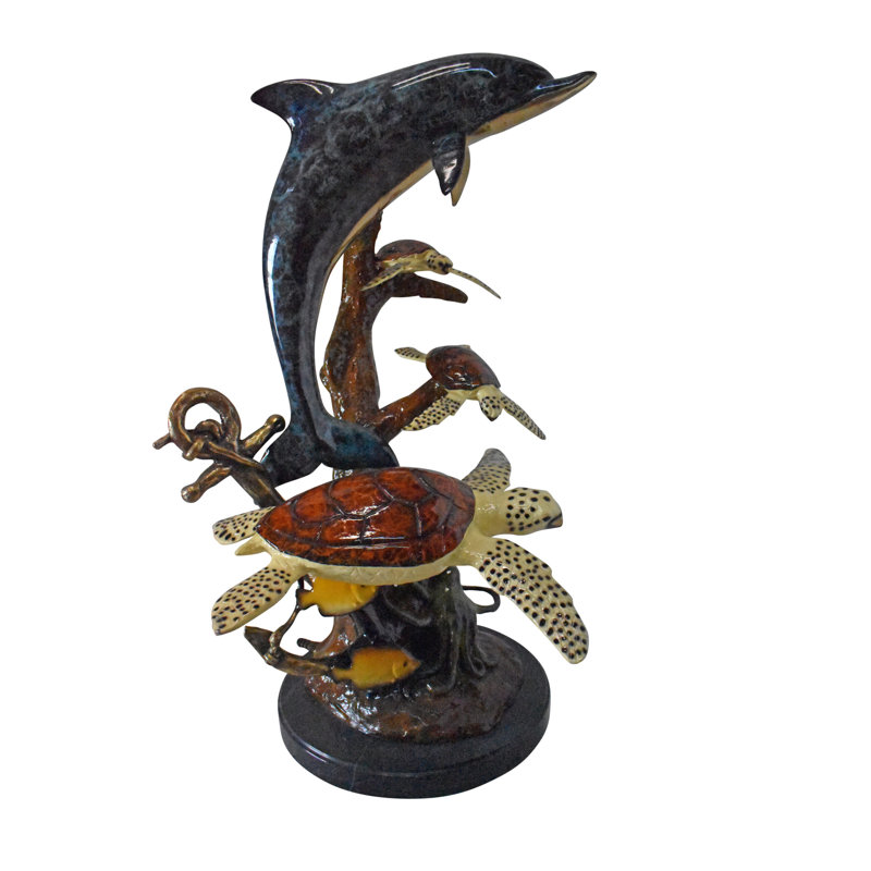 Dolphin With Three Turtles Bronze Statue Fountain - Size: 23"L X 22"W X 35"H.