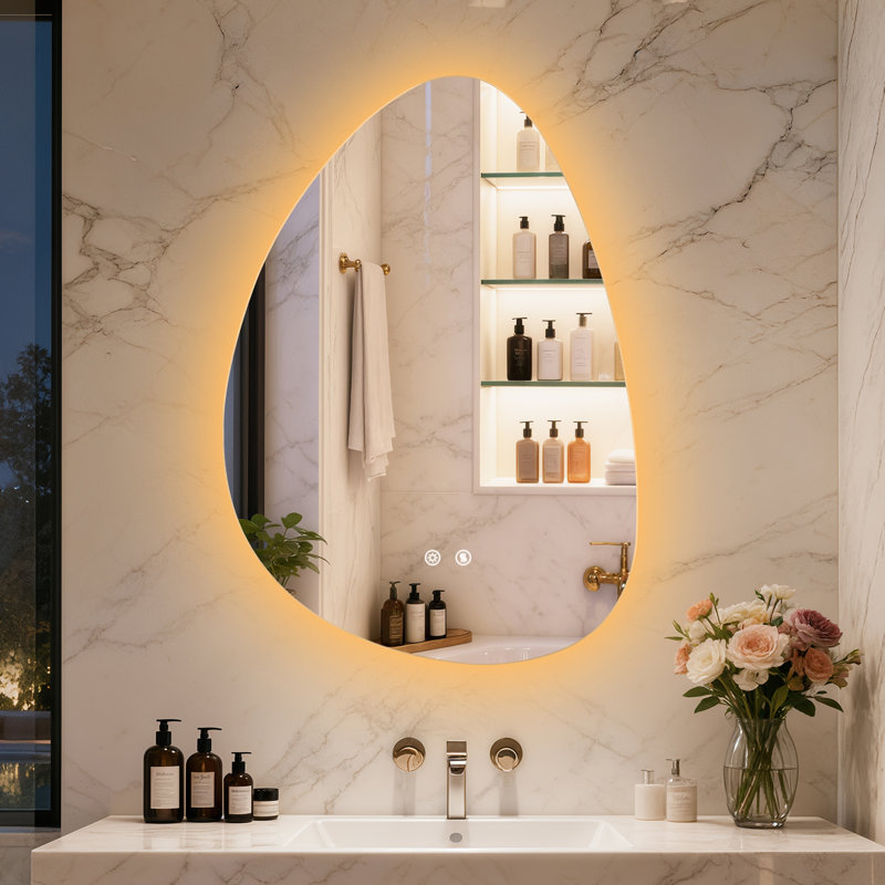 Asymmetrical Backlit Lighted Bathroom Mirror 3 Lighting Colors Defog 500X700Mm, 70 cm x 50 cm