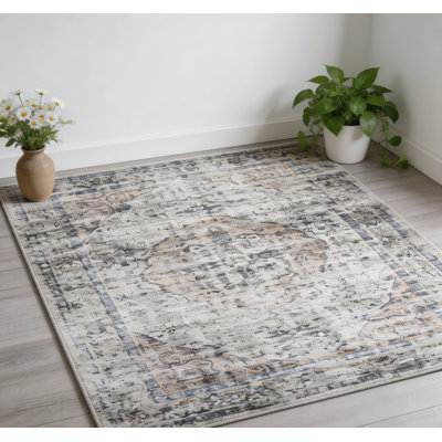 Tapis rétro délavé à motif oriental vieilli 5 x 7 avec envers antidérapant, tapis décoratif doux à poils courts, tapis d'intérieur traditionnel lavable pour chambre à coucher, salon, gris beige