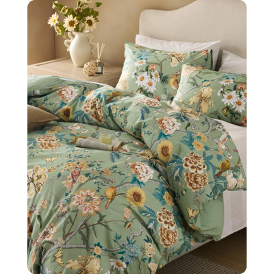Bedsure 100% Cotton Reversible Floral Duvet Cover King Size - Flowers And Birds Pattern Printed Comforter Cover With Zipper Closure & 2 Pillow Shams, Comforter Sold Separately (Green Garden, 104"X90")