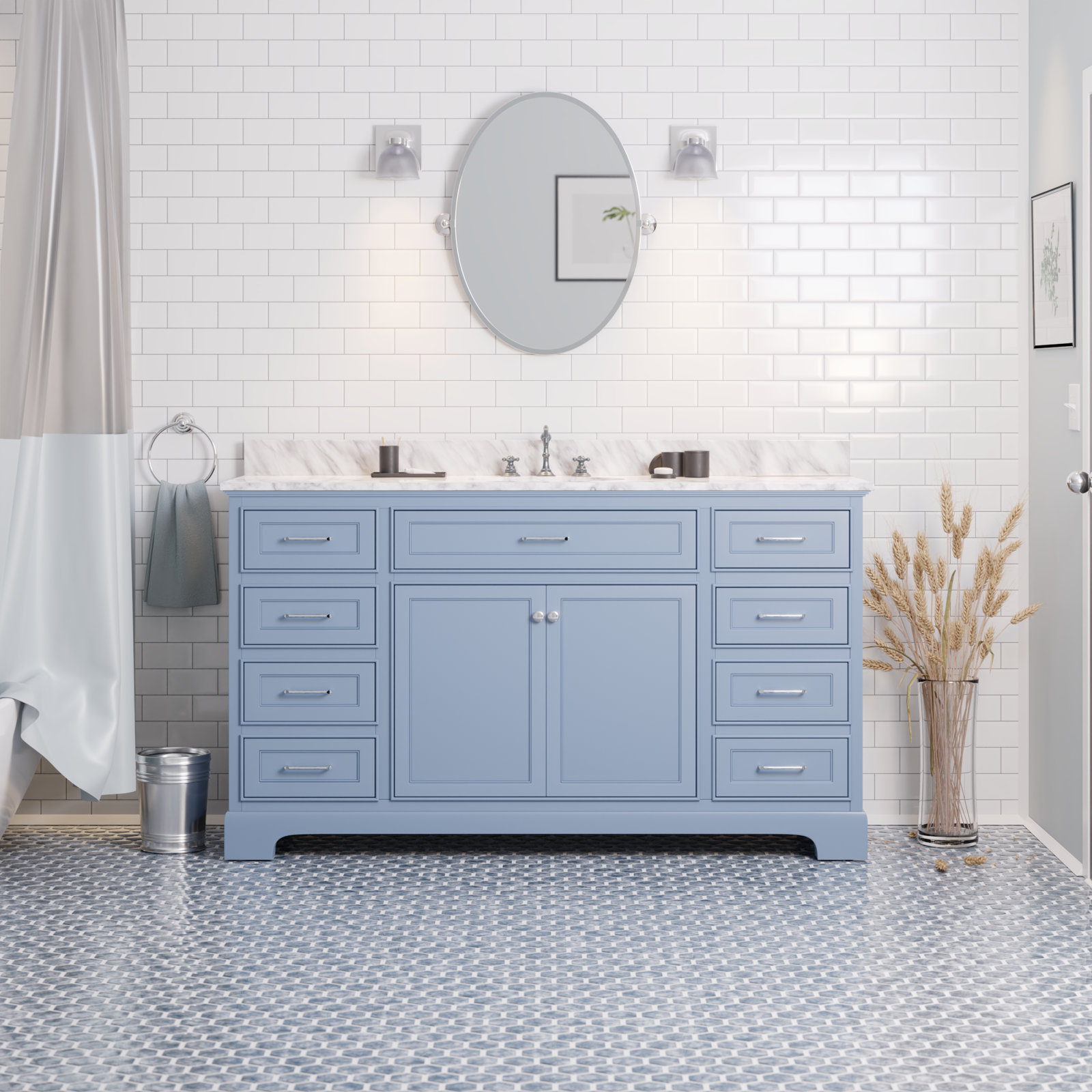 Ronnie 60'' Single Bathroom Vanity, Carrara Marble, Powder Blue