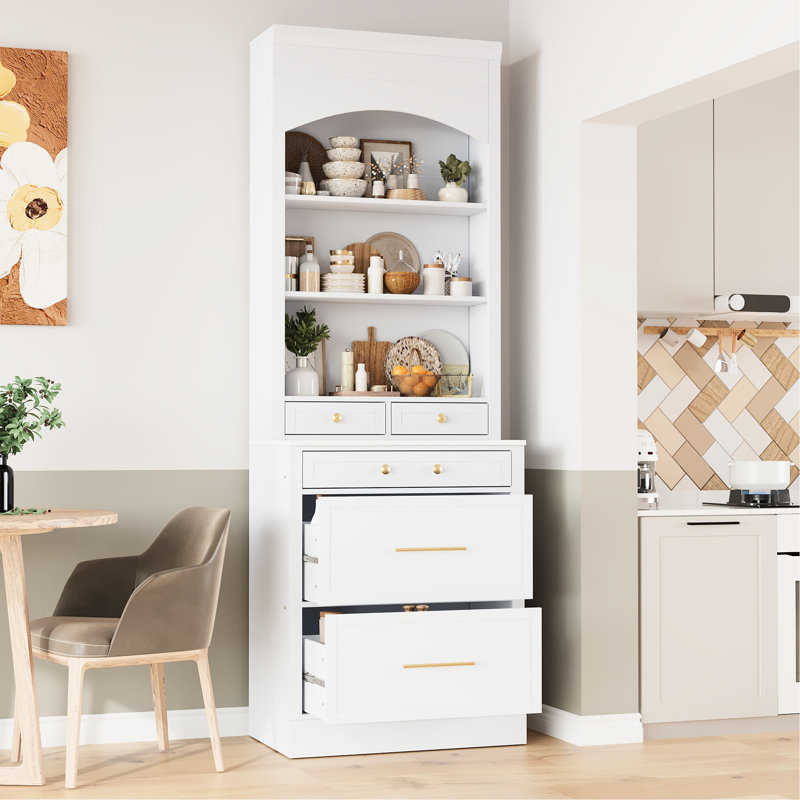 Modern White Kitchen Pantry With Faux Marble Counter - 83.7Inch Tall Cabinet For Efficient Storage Drawers Freestanding Organized Space