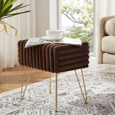 Tabouret de coiffeuse avec siège rayé en fausse fourrure, banc de coiffeuse moderne pour coiffeuse et chambre à coucher, brun foncé