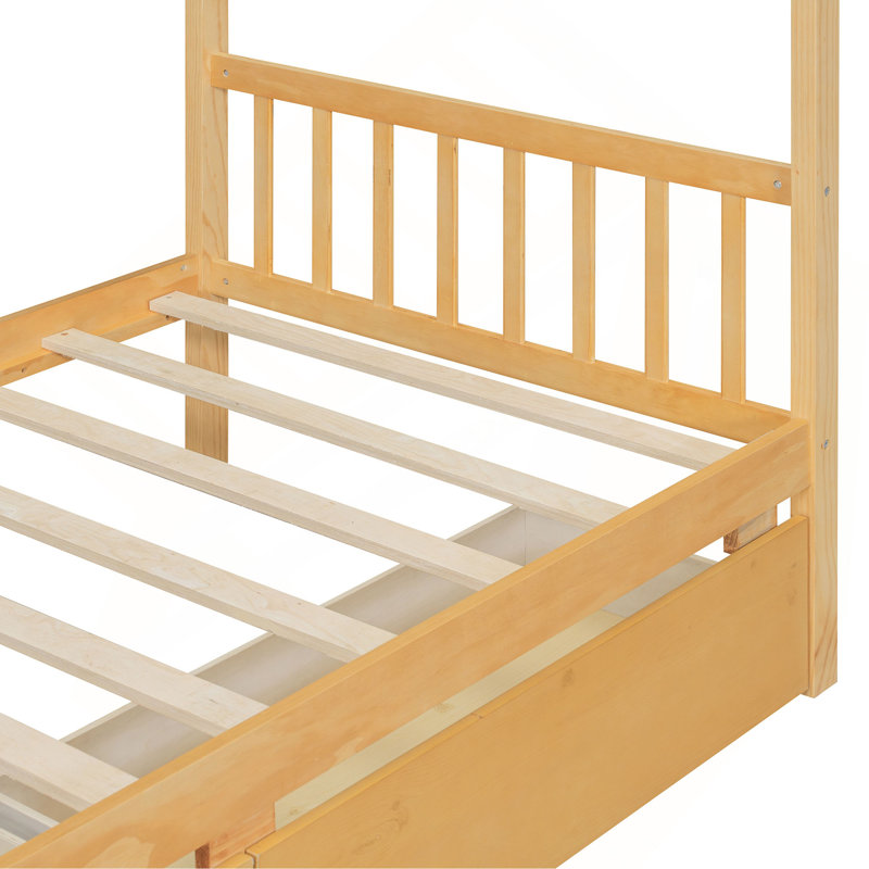Lit en bois avec tiroirs, Naturel, Lit simple
