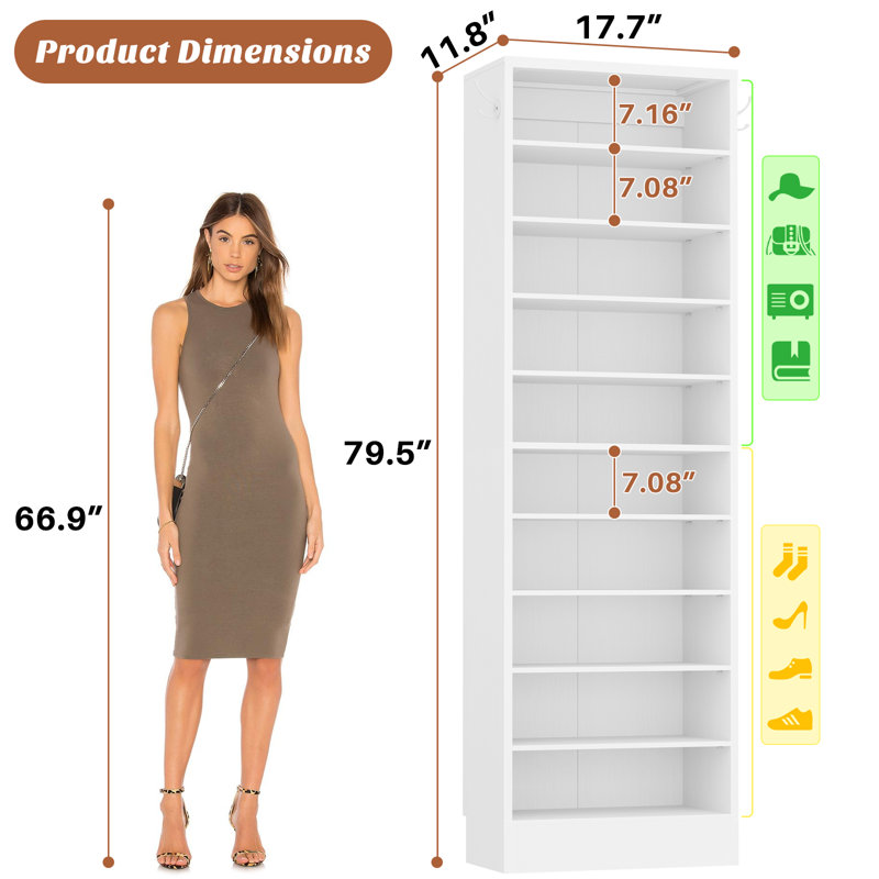 Shoe Storage Cabinet, 10 Tiers Narrow Wood Shoe Rack, White