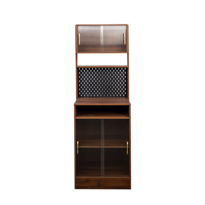 Armoire de rangement autoportante avec 2 portes coulissantes - pour la cuisine pouvant accueillir des condiments, un comptoir en verre avec finition en noyer et un garde-manger pour bouteilles, vin, machine à café et micro-ondes