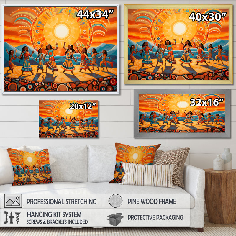 Danse amérindienne du soleil, impression sur toile, Cadre flottant noir, H 30 po x l 40 po x P 1,5 po
