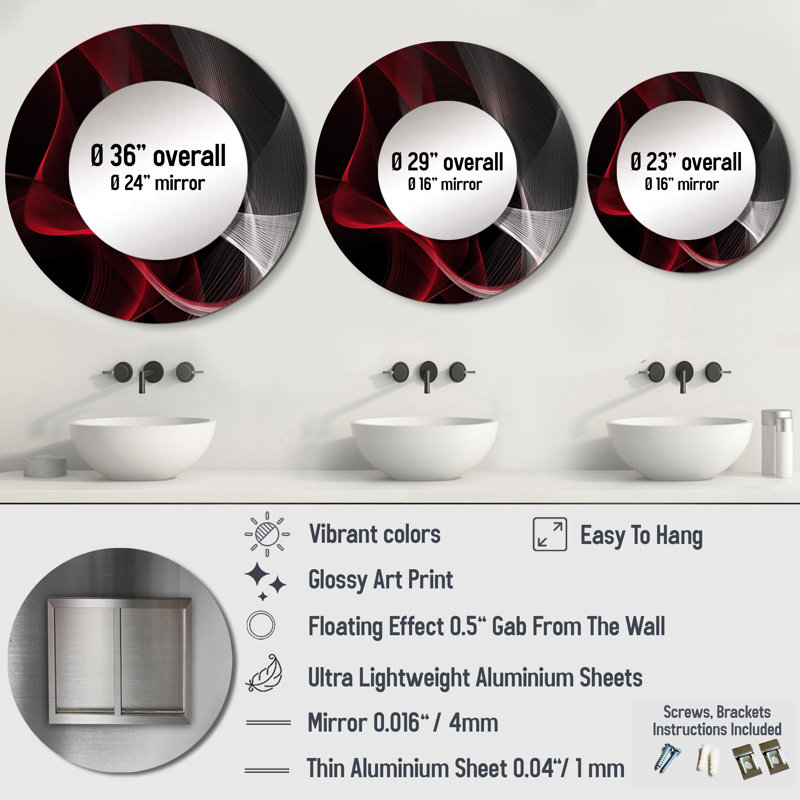 Pavanvir Red Black Contemplative Abstraction I - Waves Wall Mirror, Modern Round Decorative Mirror, Printed Metal Art