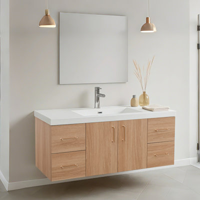 48 Inch Golden Oak Floating Bathroom Vanity With Integrated Sink - Pre-Assembled