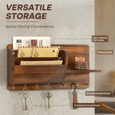 Pine Wood Key Holder Wall Mount For Home Decor - Stylish Mail Holder Wall Mounted With Shelf & Hooks For Entryway - File Organizer With 3-Tire Mail Sorter For Lettter, Paper (Light Brown)