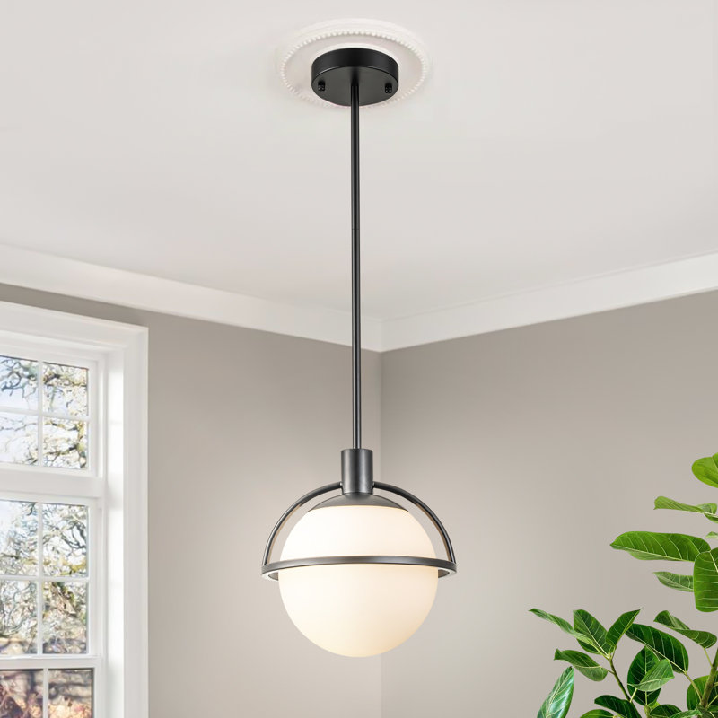 Gladi 1-Light Modern Dimmable Single Globe Pendant Light with Opal Glass Shade, Matte Black, 11.02" H x 9.65" W x 9.65" D