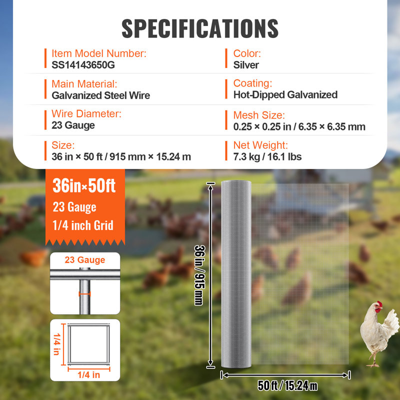 VEVOR Hardware Cloth,1/4 inch 36in x 50 ft 23 Gauge,Hot Dipped Galvanized Wire Mesh Roll, 4' 2" H x 3' W