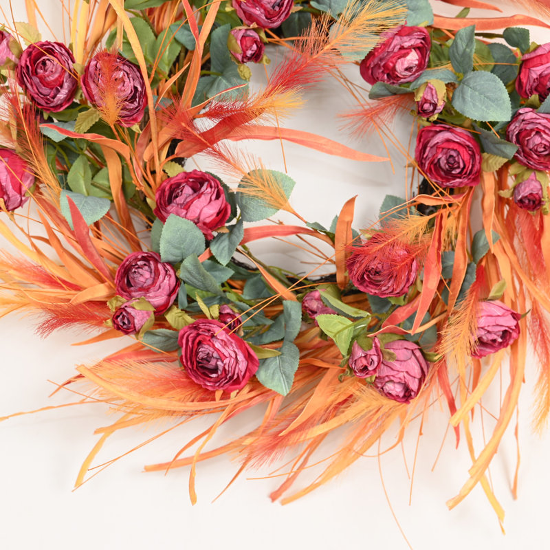 24 po Artificiel Boho Pampas Herbe Verdure Feuilles Roses, Orange;Red