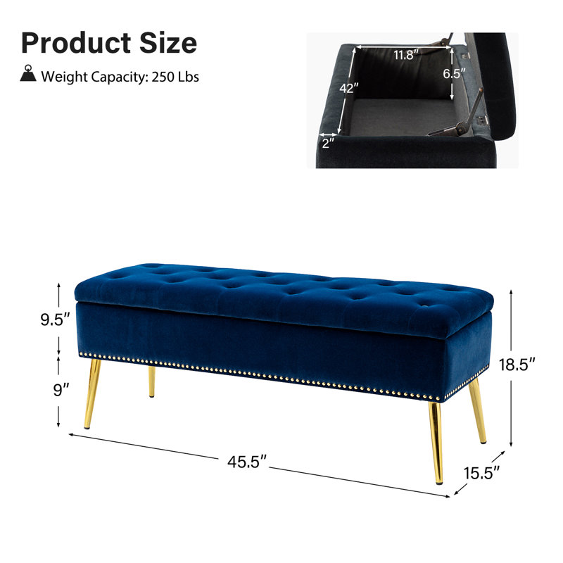 Banc de rangement rembourré en velours Kajana, Velours marine
