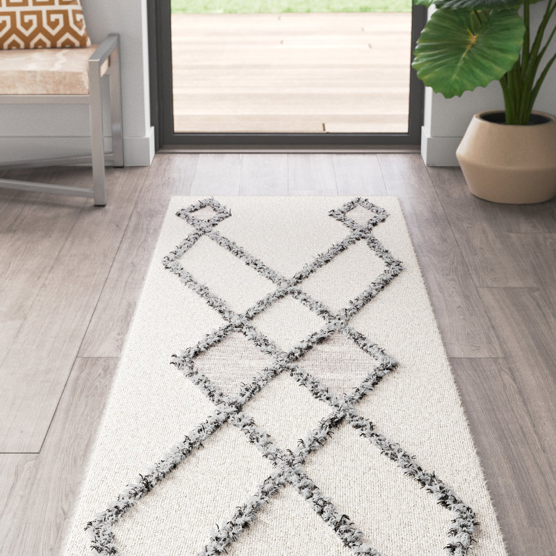 Papke Geometric Handmade Tufted Cotton/Wool Ivory Area Rug, Runner 2'3" x 9'