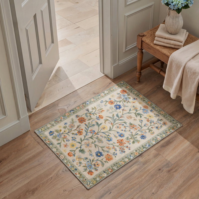 Verona Floral Machine Washable Green / Beige Indoor Area Rug with Non-Slip Backing, Round 5'