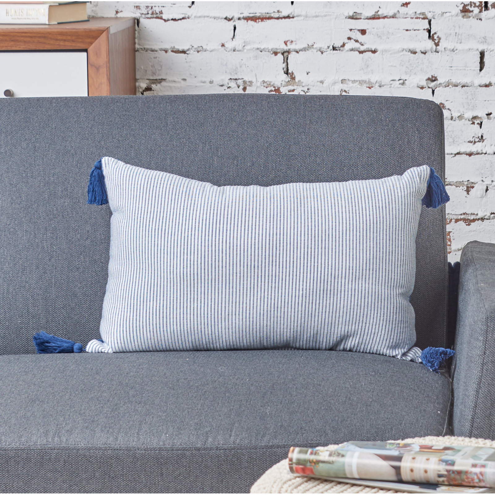 Fairlee Cotton Striped Lumbar Pillow, Navy
