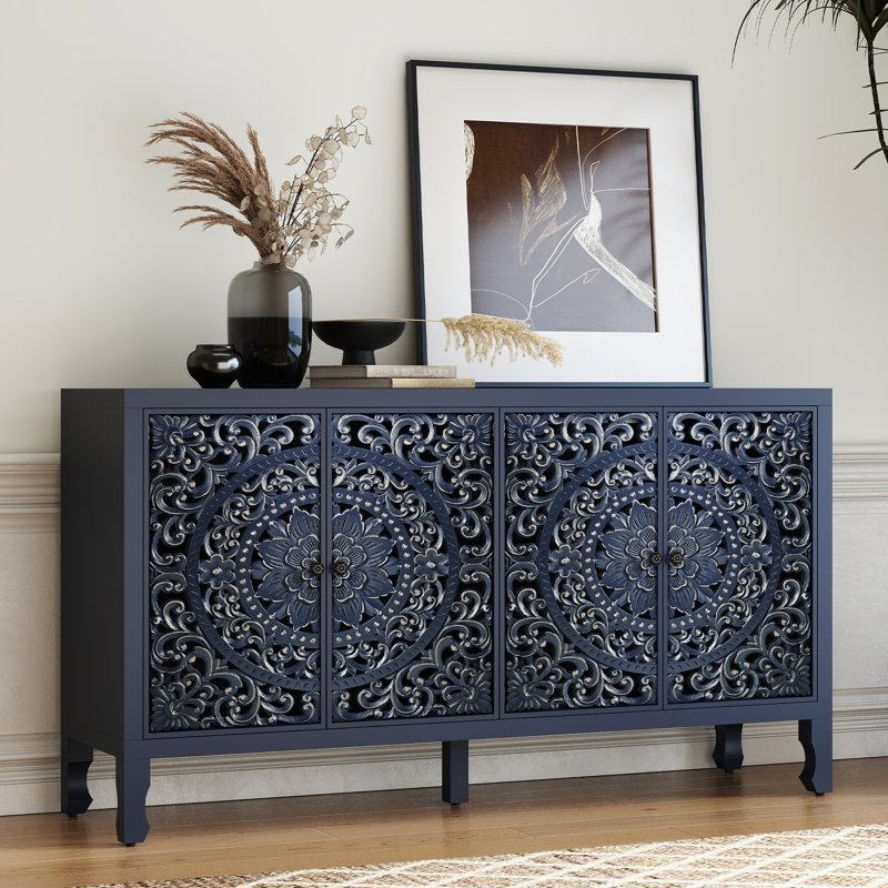 Buffet sculpté avec porte et pieds en bois massif, H 32,3 po x l 59,1 po x P 15,8 po, Bleu