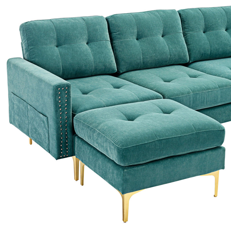 Canapé modulaire convertible en L 110 po, Velours vert clair, Doré