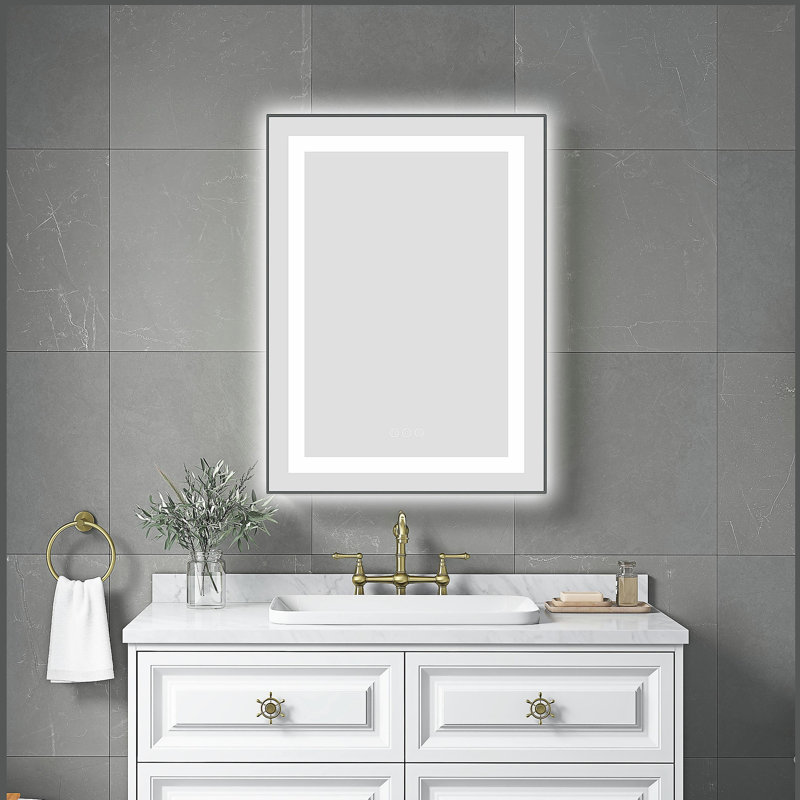 Miroir de salle de bain 24 po x 32 po à DEL avec façade et rétroéclairage, miroir de meuble-lavabo mural avec cadre en aluminium, antibuée, mémoire, 3 couleurs, gradation continue