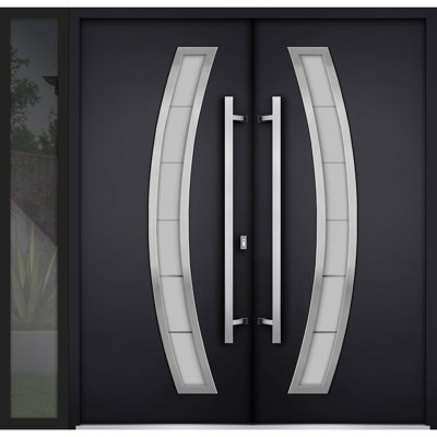 Façade extérieure avant double portes en métal / deux 6500 verre émaillé noir givré / fenêtre extérieure Sidelite / entrée peinte à droite avec porte 88 "x 80"