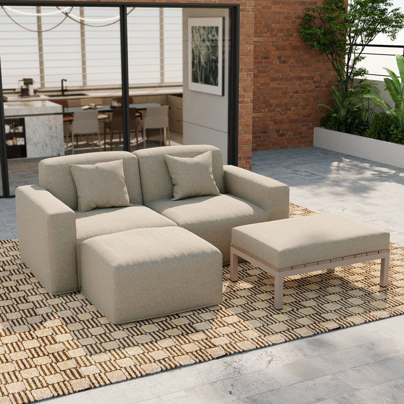 Ensemble de mobilier de jardin moderne Lemieux 4 pièces, 2 fauteuils (gauche + droite) + pouf + table basse, tissu résistant aux intempéries et aux UV, aucun assemblage requis